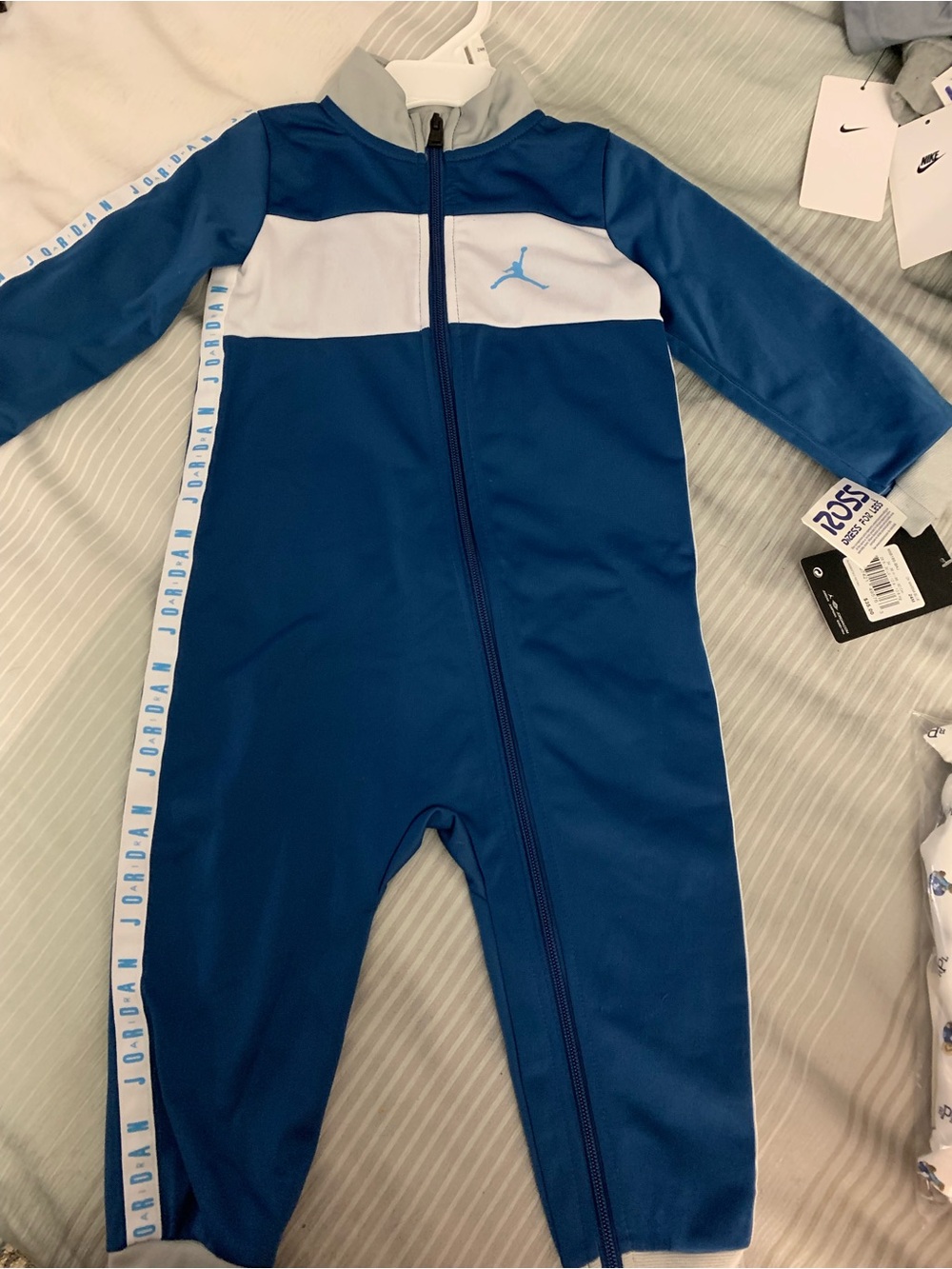Jordan Blue and White Zip-Front Baby One-Piece